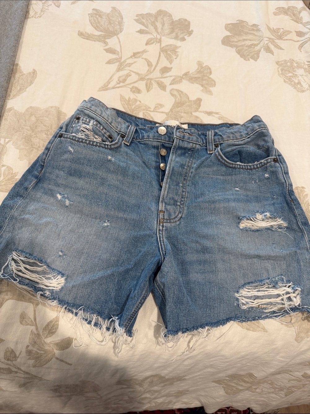 Reformation Light Blue Distressed High-Rise Denim Shorts